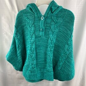 Girls Sweater Size XS (4) Crazy 8 Poncho Cape Hooded Pull Over Knit Teal Blue